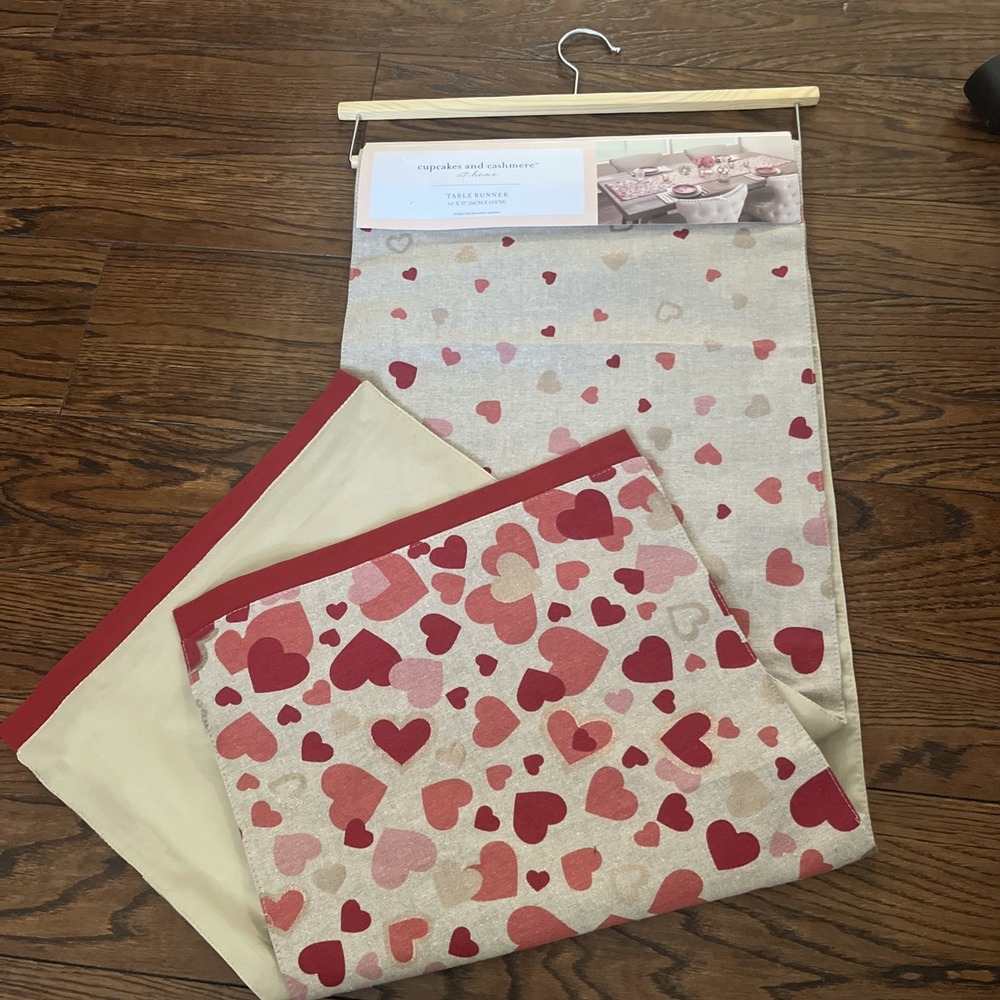 cupcakes and cashmere heart Cotton Table runner Metallic Red Pink Tan 14" X 72"